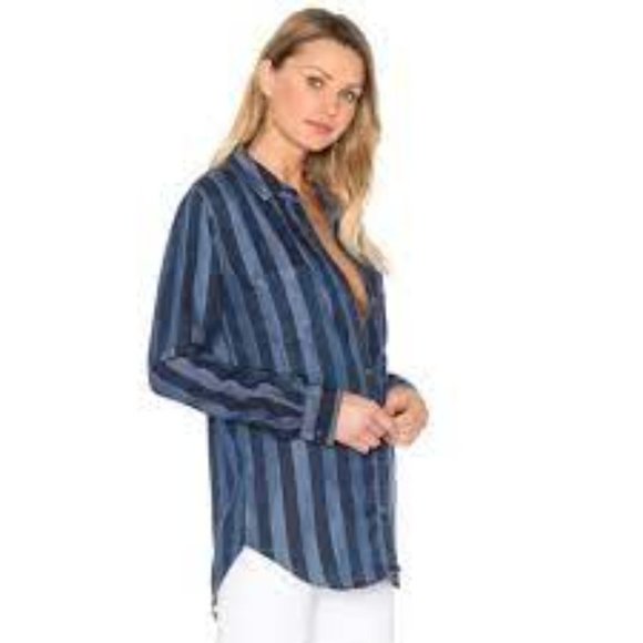Rails Tops - Revolve RAILS Carter Button Up Indigo Block Stripe Shirt M